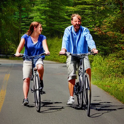 Prompt: two friends riding bicycles in Maine, very realistic, very detailed, photorealistic