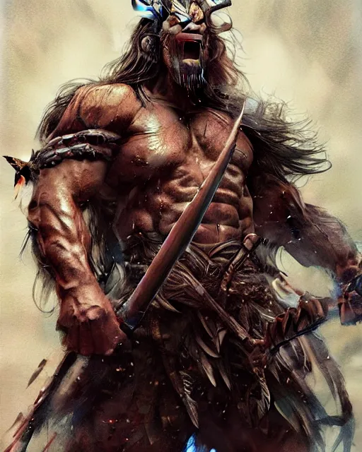 Image similar to Official photo of a majestic fierce barbarian man, leader, strong, highly detailed, cinematic, 16k, 1080s, by Stanley Artgermm, Tom Bagshaw, Greg Rutkowski, Vincent di Fate, Carne Griffiths, Ayami Kojima, WLOP, trending on DeviantArt, hyper detailed, full of color, digital art,