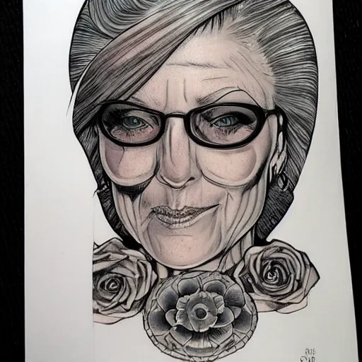 Image similar to a beautiful portrait of a heavily tattooed older woman Travis Charest style