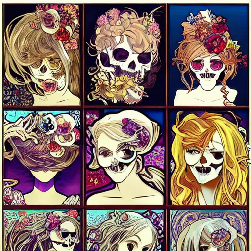 Prompt: anime manga skull portrait woman face flowing hair skeleton illustration style by Alphonse Mucha and Takashi Murakami pop art nouveau