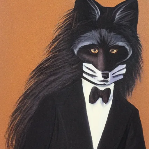 Image similar to male anthro black fox furry fursona with a black mullet in a spanish style tuxedo, 1 9 7 0 s, canvas painted by famous artist jylon denja