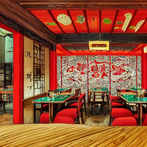 Image similar to a beautiful hyperdetailed interior 4 k hd wallpaper illustration of roasted string hotpot restaurant restaurant yan'an, corner, simple style, wall painting, from china, with merchant logo, simple structure, surrealistic, chinese style, victo ngai