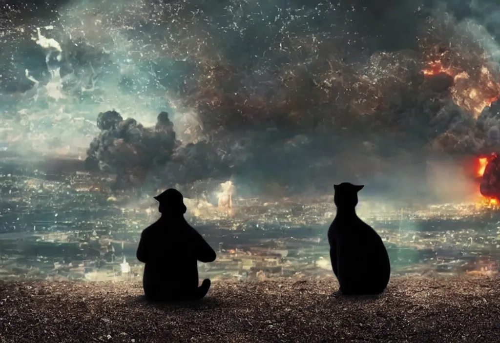 Image similar to old man sitting with black cat watching nuke explosion close up shot from behind, cinematic movie close up shot from behind, background blur bokeh, world ending nuke, 4 k