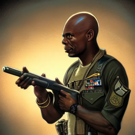 Image similar to Dave Chappelle as a navy SEAL, high resolution fantasy concept art, intricate details, soft lighting