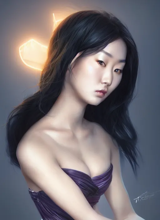 Image similar to beautiful fashion asian goddness, strapless dress, character portrait in the style of thomas river and artgerm, wlop, cinematic lighting, hyperdetailed, 8 k realistic, symmetrical, global illumination, radiant light, halo, love and mercy, frostbite 3 engine, cryengine, dof, trending on artstation, digital art, chanel