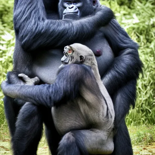 Image similar to a Gorilla hugging a Tiger