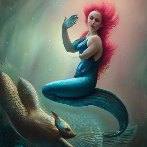 Image similar to By Olga Nikitina and Tom Bagshaw, ultra realist soft painting of an underwater fish universe by night, beautiful mermaid in curvy bodysuit, symmetry accurate features, very intricate details, deep underwater environment, rainbow lighting, volumetric light water