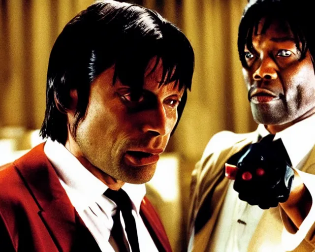 Image similar to Mads Mikkelsen as Vincent Vega in Pulp Fiction with Samuel Leroy Jackson