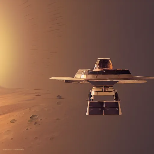 Prompt: A futuristic flying vehicle hovering the surface of Mars, mood lighting, Behance, digital art