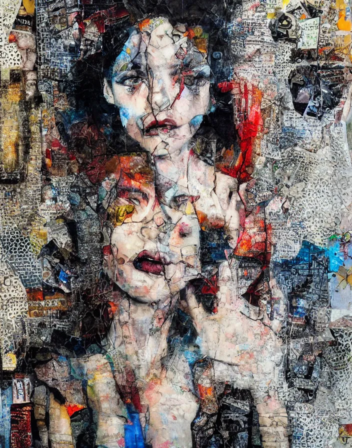 Prompt: what if we will never meet again detailed analogue mixed media collage with canvas texture in style of contemporary art, punk art, hyperrealistic beautiful face, photorealistic, expressionism, masterpiece, perfect composition, broken coloured glass, spectacular quality, intricate oil details