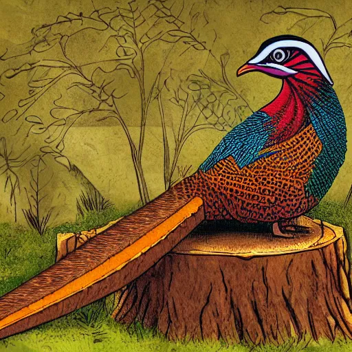 Image similar to pheasant sits on a stump with sword, in deep forest, by rivuletpaper, rivuletpaper art, Mouse Guard by David Petersen, mouse photo, small details, realistic illustration,