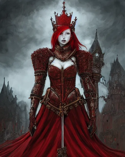 Prompt: redhead queen in heavy red armor, inside an epic gothic castle, baroque, hearts falling, large crown helmet, face with scars, psychopath, aristocratic, intimidating, ominous, high fantasy, intricate detail, digital painting, artstation, concept art, smooth, sharp focus, illustration, art by yoshitaka amano and monia merlo and wlop