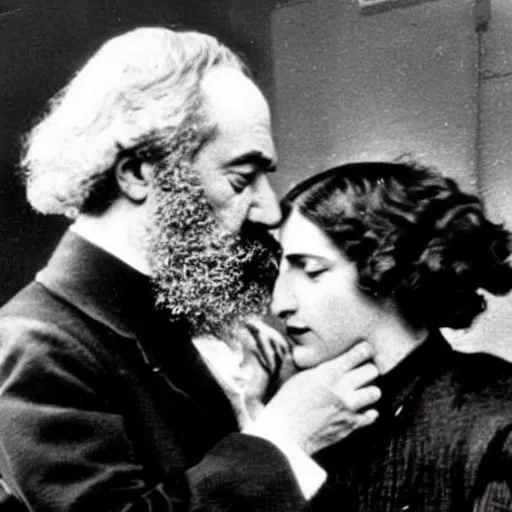 Image similar to Karl Marx and Ayn Rand kissing, wedding photo, 1920, Church backround