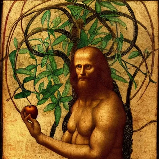 Image similar to the snake in the garden of eden holding a golden apple in its hand, coiled around a tree. painted by leonardo davinci