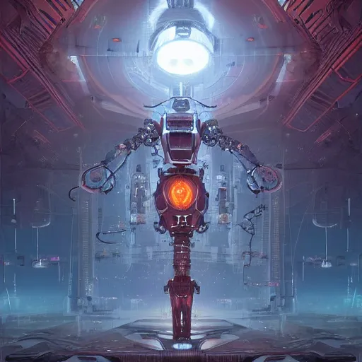 Prompt: a robot, mechanical, intrincate, cinematic lights, wires, volumetric, maximalist, fractal background, mechanical sci fi, horror, the end of the world, devotional, god, cgscociety by marc simonetti and peter mohrbacher