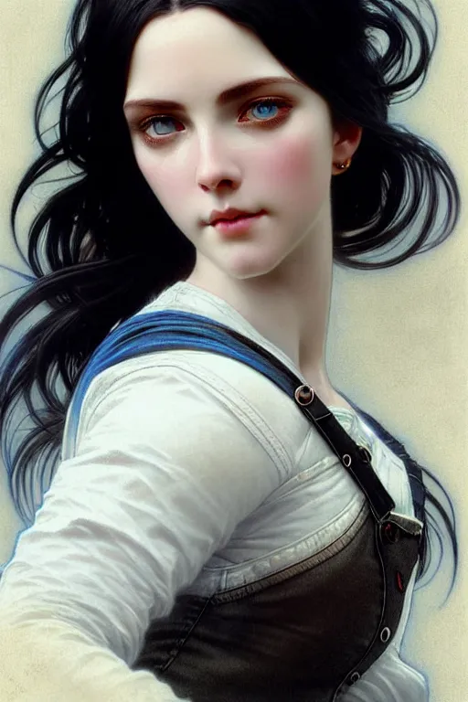 Image similar to ultra realistic, Beautiful black haired woman, Porcelain white complexion, big blue eyes, cute small lips., wearing jeans and white blouse, whip in hand, intricate details, eerie, highly detailed, octane render, 8k, art by artgerm and alphonse mucha and greg rutkowski