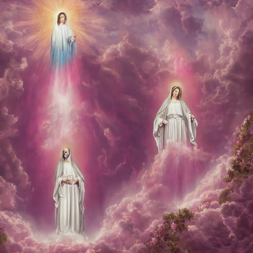 Prompt: virgin mary, our lady of lourdes, blessed mother in front of a pink waterfall with ribbons and angels in clouds. highly detailed digital art. beautiful lighting. trending on artstation.