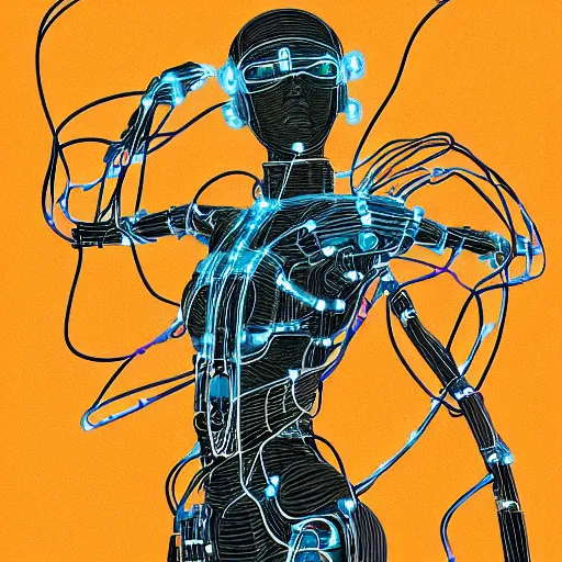 Image similar to a beautiful body of a bot pilot woman mostly made of wires and electronic circuits led luminous, an ultrafine detailed illustration by james jean, final fantasy, intricate linework, bright colors, behance contest winner, vanitas, angular, altermodern, unreal engine 5 highly rendered, global illumination, radiant light, detailed and intricate environment