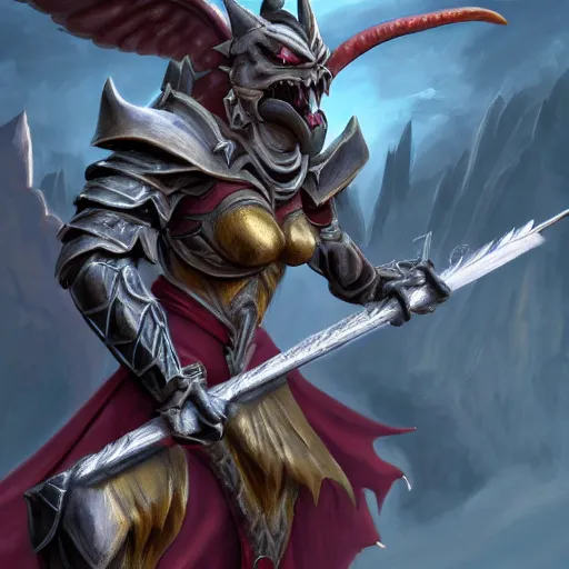 Prompt: disney's gargoyles female!! winged warrior! flaming sword! devilish smile!! ( ( plate armor ) ) ( ( ( shield ) ) ), fantasy painting, concept art, 4 k