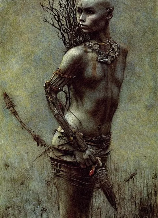 Image similar to bald barbarian girl in tribal painting by Beksinski and Arthur Rackham