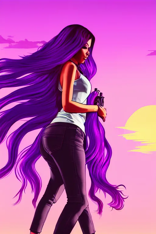 Prompt: a stunning GTA V loading screen with a beautiful woman with ombre purple pink hairstyle, hair blowing in the wind, sunset, outrun, vaporware, retro, digital art, trending on artstation