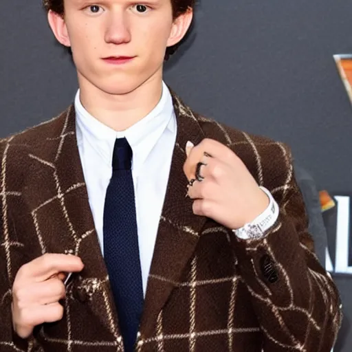 Image similar to tom holland wearing a brown trenchcoat, white shirt and plaid tie, smoking a cigar, dressed as detective columbo.