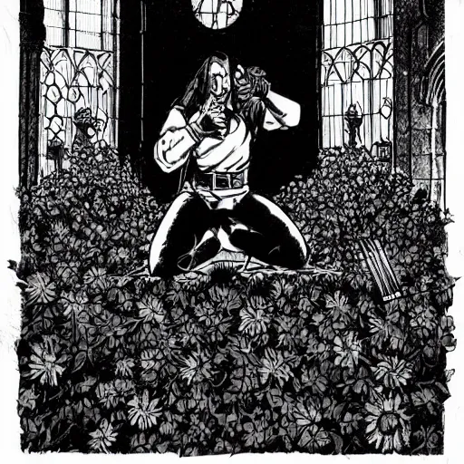 Prompt: A wounded paladin kneeling in a cathedral, the floor is covered in sunflowers. Dark Fantasy, Film Noir, Black and White. High Contrast, Mike Mignola, D&D, OSR