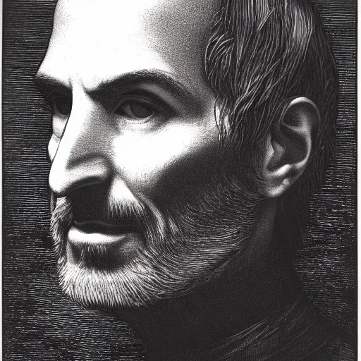 Prompt: portrait of steve jobs dramatic lighting by gustave dore and giger, museum print from copper plate etching, artstation