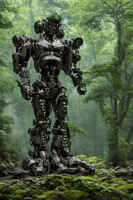 Image similar to A large robot statue made of stone covered in foliage in the middle of a forest by Greg Rutkowski, Sung Choi, Mitchell Mohrhauser, Maciej Kuciara, Johnson Ting, Maxim Verehin, Peter Konig, final fantasy , 8k photorealistic, cinematic lighting, HD, high details, atmospheric,