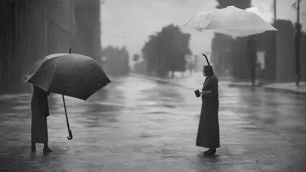 Image similar to “ a woman waiting on the corner holding an umbrella, photography by gregory crewdson ”