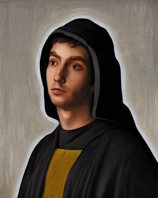 Image similar to digital art portrait of a young man in dark robes, hooded