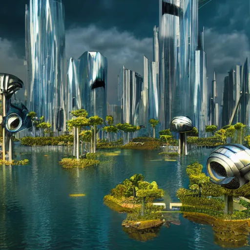 Image similar to futuristic city ultra-realistic utopia lake photorealism reflection jungle drones android,8k