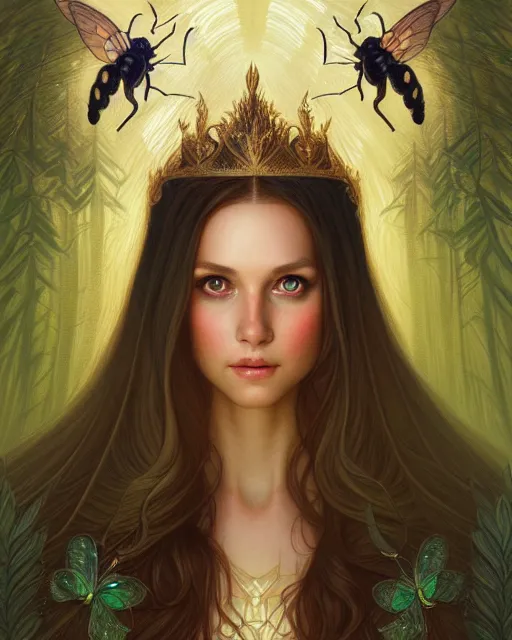 Image similar to symmetry portrait of welsh brunette princess, glam, fireflies, forest background, intricate, elegant, highly detailed, digital painting, artstation, concept art, smooth, sharp focus, illustration, art by artgerm and greg rutkowski and fra angelico and alphons mucha