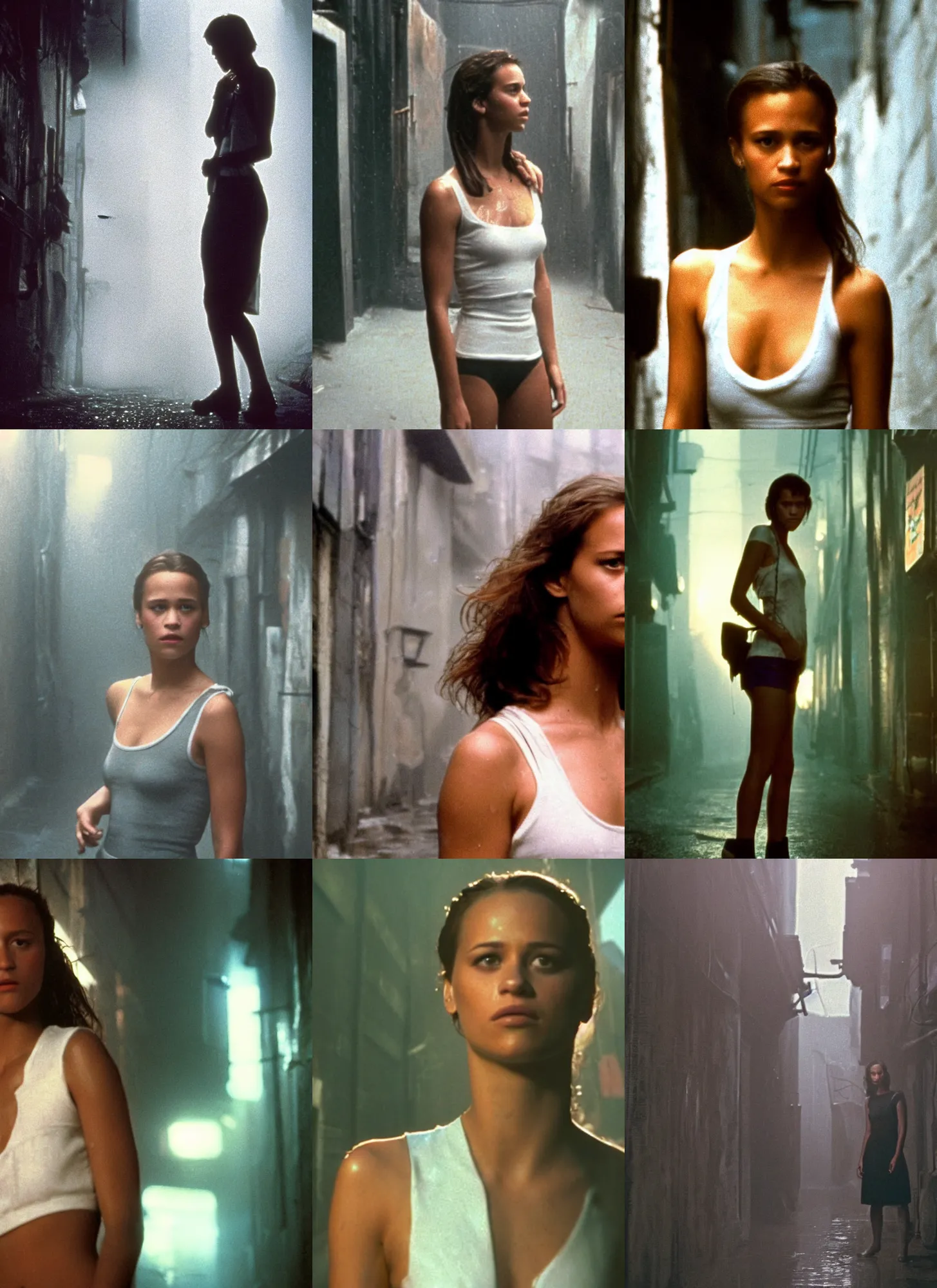 Prompt: A close-up, color outdoor film still of a Alicia Amanda Vikander in sleeveless white shirt is standing in the alleyway, dynamic lighting at heavy rain, from Blade Runner(1982).