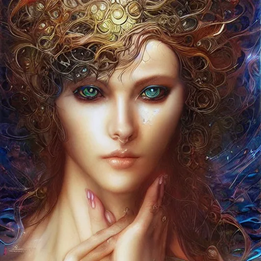 Image similar to a beautiful woman manipulating water by karol bak, ayami kojima, artgerm, river, water, blue eyes, smile, concept art, fantasy