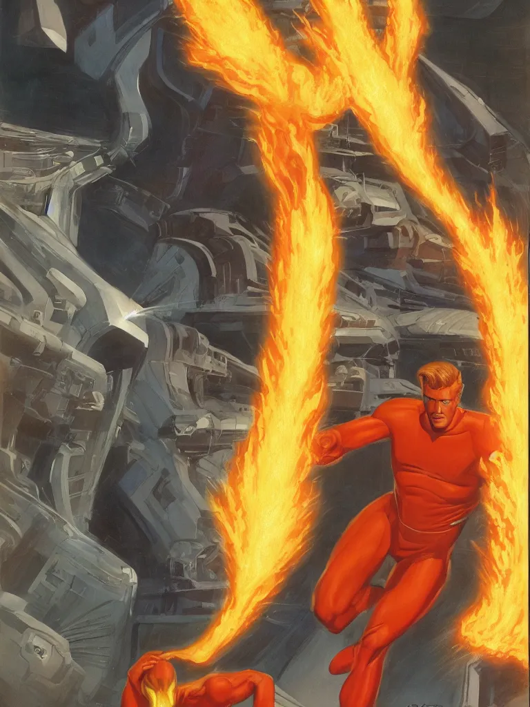 Prompt: human torch, concept art, illustration, sci-fi, art by ralph mcquarrie