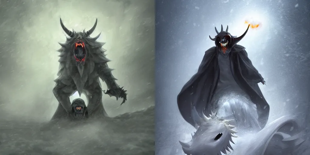 Prompt: The grim reaper riding a wild one horned giant snowbeast that has its mouth wide open letting out puffs of hot air in the middle of a snowstorm, dark fantasy, anime, digital art, trending on artstation, 8K