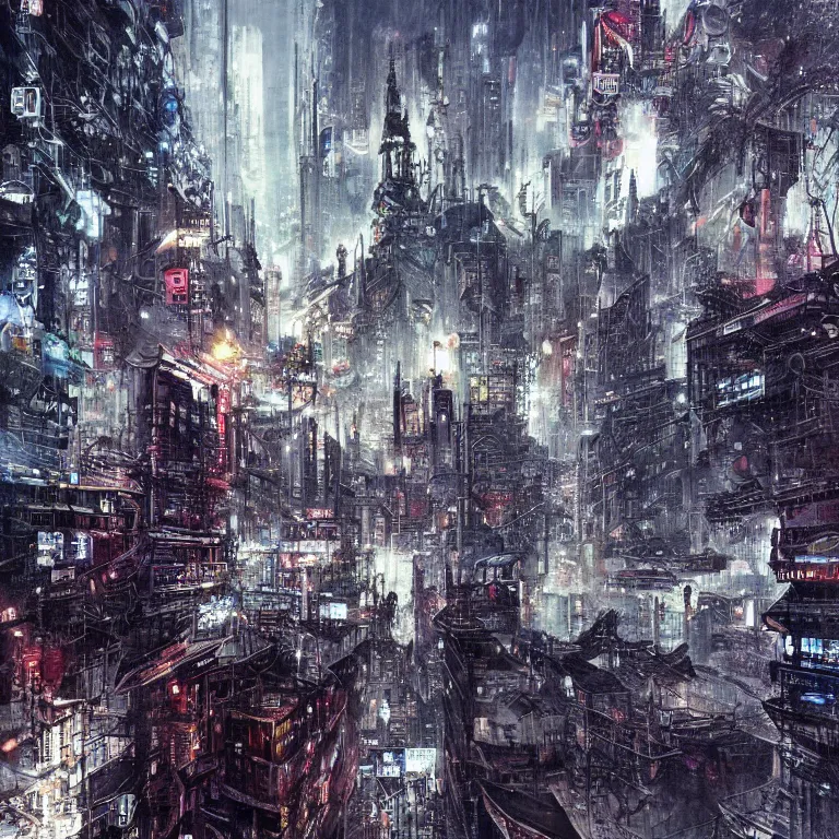 Image similar to cyberpunk depiction of the city of gdansk during arctic conditions by yoshitaka amano