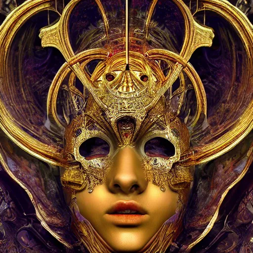 Image similar to Divine Chaos Engine, as a Venetian Carnivale Mask, by Karol Bak, Jean Deville, Gustav Klimt, and Vincent Van Gogh, celestial, visionary, sacred, fractal structures, ornate realistic gilded medieval icon, spirals, octane render