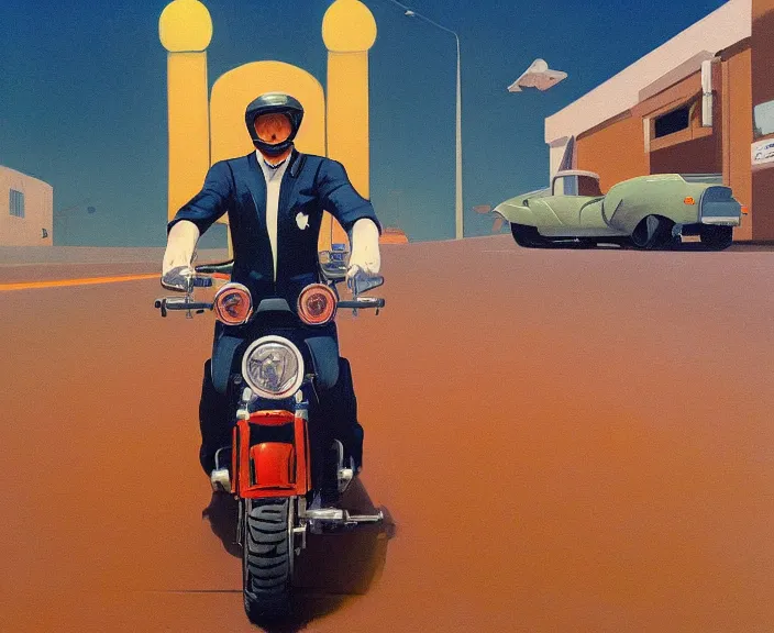 Prompt: a very detailed painting of a astronaut wearing a suit, riding a motorbike down a street, harley davidson motorbike, worm's - eye view, very fine brush strokes, very aesthetic, very futuristic, in the style of edward hopper and grant wood and syd mead, 4 k,