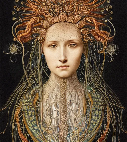 Image similar to portrait of a beatiful young goddess with intricate jellyfish headdress, dark background, intricate hyper detailed art by ernst haeckel and james jean
