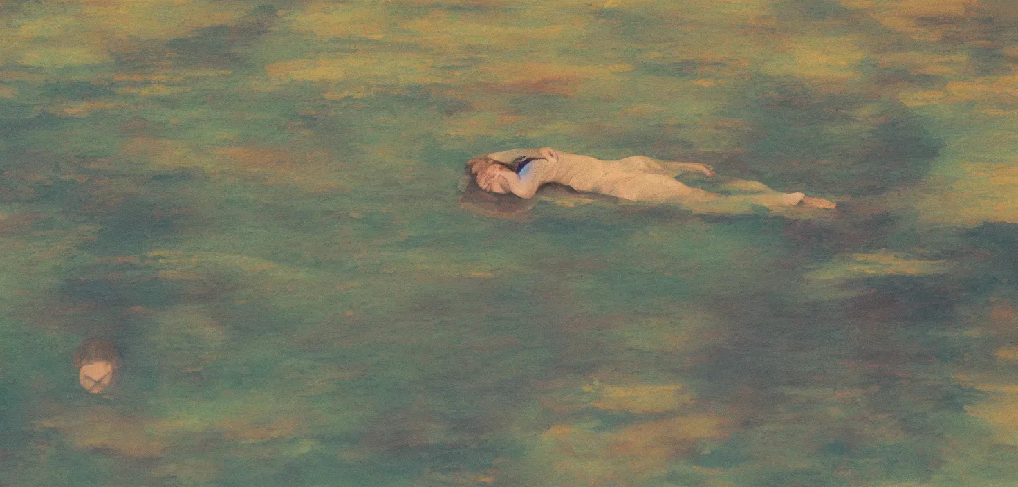 Image similar to painting of a sleeping man in the middle of a fairy tale lake, abstracted observed, minimal indication, thick outlines, contented peaceful, medium saturation with trichromatic similar hues