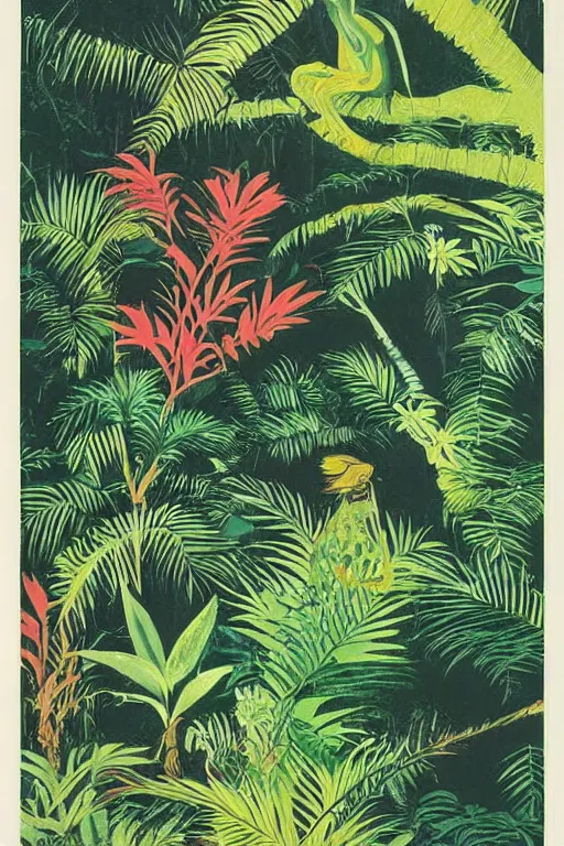 Prompt: New Zealand subtropical rainforest poster designed by Emmet McBain, 1960s