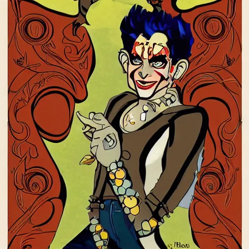 Image similar to junkrat from overwatch in the style of a 1 9 6 0 s art nouveau poster