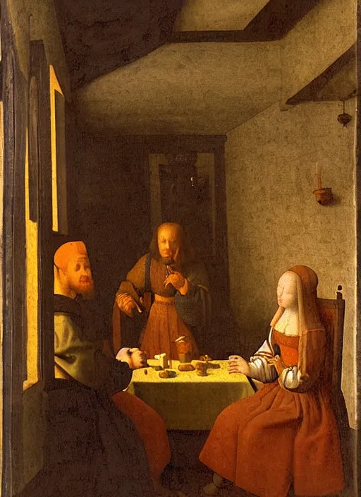 Image similar to a candlelit table at the inn, evening, dark room, two young people sitting at the table, swirling smoke, dark smoke, realistic, in the style of leonardo da vinci, dutch golden age, amsterdam, medieval painting by jan van eyck, johannes vermeer, florence