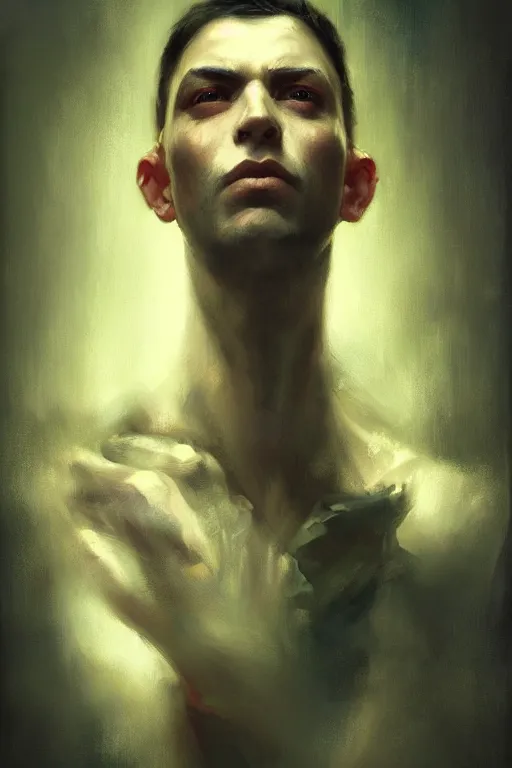 Image similar to portrait of a man, oil painting, darkness, paint texture, digital painting, highly detailed, artstation, sharp focus, illustration, concept art, ruan jia, charlie bowater, tom bagshaw, norman rockwell