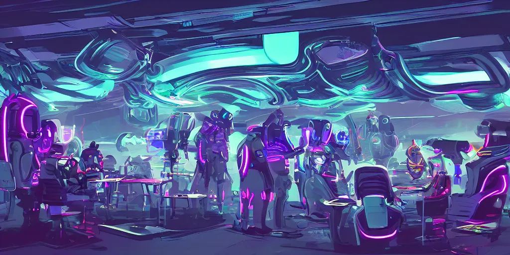 Image similar to digital art, trending on artstation, race of technobiological aliens in a meeting at their base in the galaxy, night time, neon lights