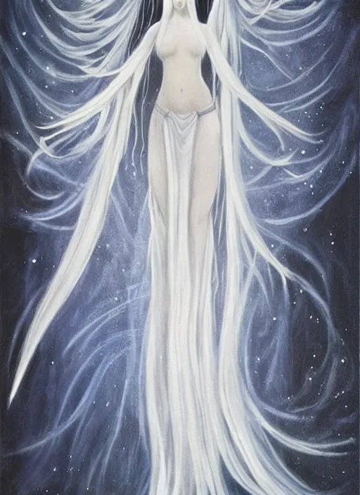 Image similar to tall thin beautiful goddess, pale wan feminine angel, long flowing silver hair covering her whole body, beautiful painting, young wan angel, flowing silver hair, flowing white robes