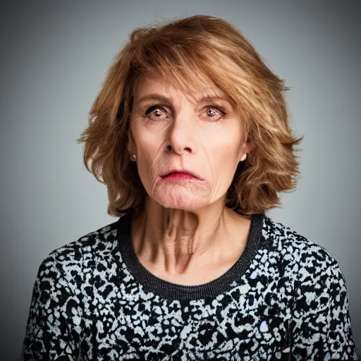 Image similar to realistic, portrait of a 55-years old woman not knowing what to say