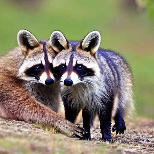 Prompt: an 8k photo of a raccoon hugging a fox